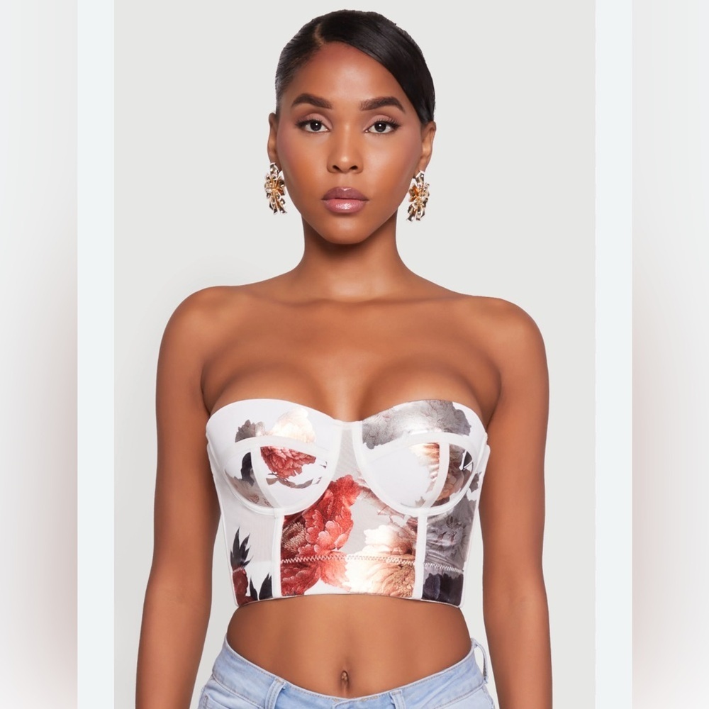 Like an Angel Cream and Gold Womens Stylish Floral Mesh Bustier Crop Top Size 3X